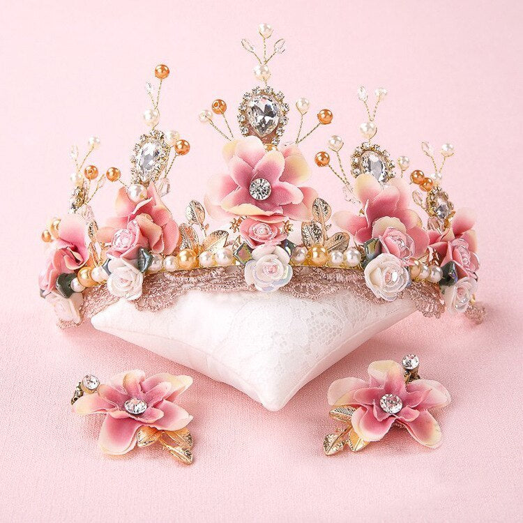 Handmade Sweet Pink Flowers and Lace Tiara with Matching Clip-on Earrings