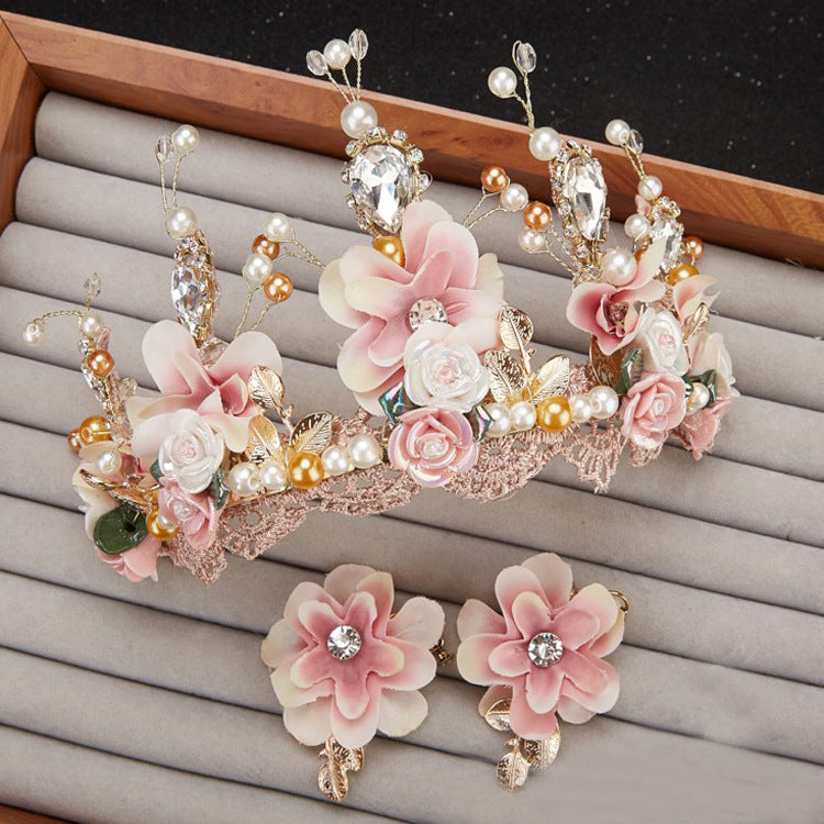 Handmade Sweet Pink Flowers and Lace Tiara with Matching Clip-on Earrings