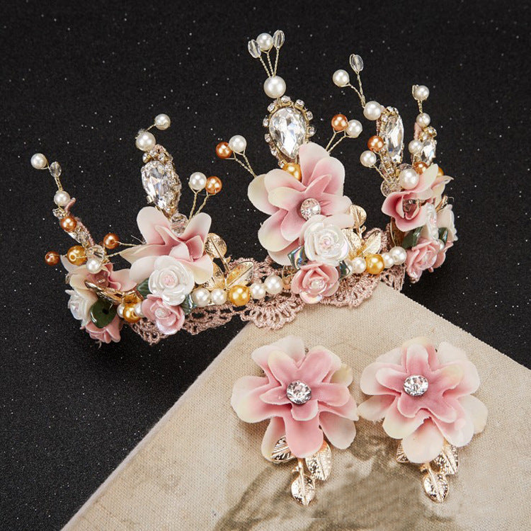Handmade Sweet Pink Flowers and Lace Tiara with Matching Clip-on Earrings