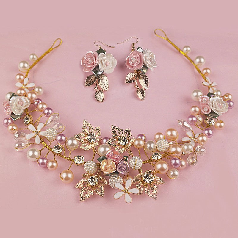 Floral Multi-colored Pearl, Crystal & Gold Headband with Matching Earrings