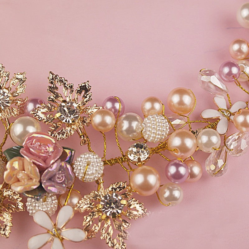 Floral Multi-colored Pearl, Crystal & Gold Headband with Matching Earrings