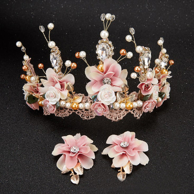 Handmade Sweet Pink Flowers and Lace Tiara with Matching Clip-on Earrings