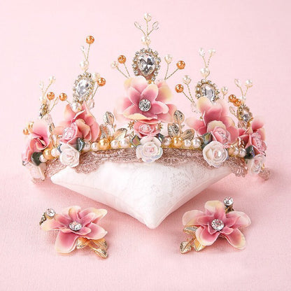 Handmade Sweet Pink Flowers and Lace Tiara with Matching Clip-on Earrings