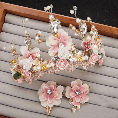 Handmade Sweet Pink Flowers and Lace Tiara with Matching Clip-on Earrings