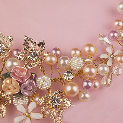 Floral Multi-colored Pearl, Crystal & Gold Headband with Matching Earrings
